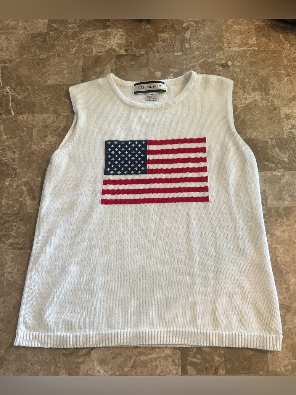 Vtg Crystal-Kobe Sleeveless American Flag Sweater Womens Size Medium Red White